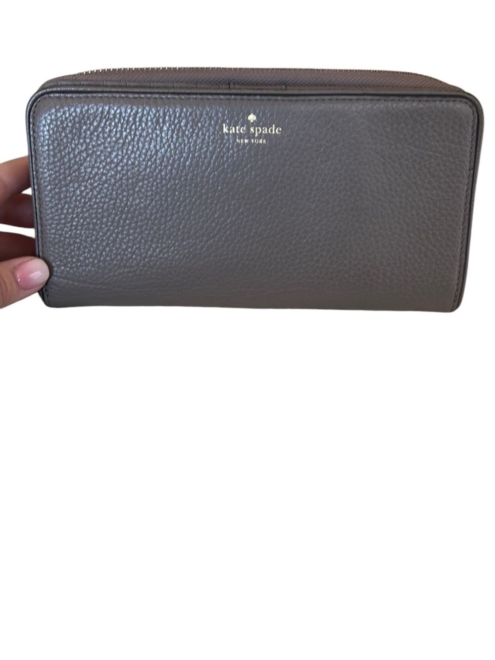 kate spade gray pebbled leather zip-around wallet with wristlet strap